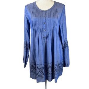 Calypso St. Barth Long Sleeve Tunic Pintucks Blue Embroidered Detail Size Small